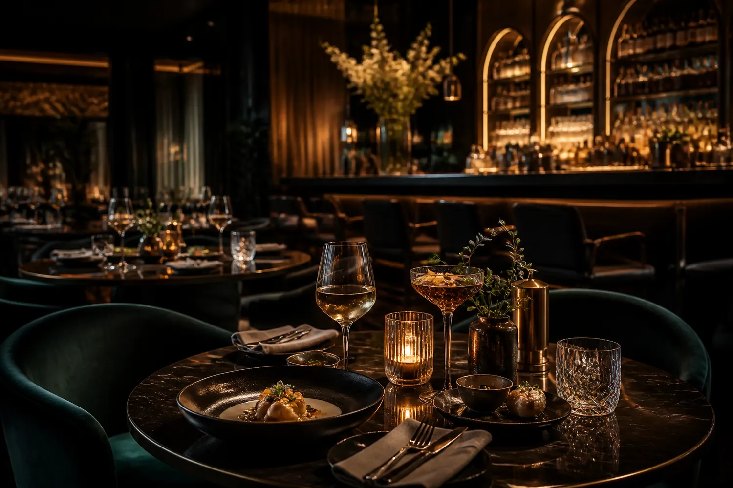 Luxury restaurant table with warm lighting