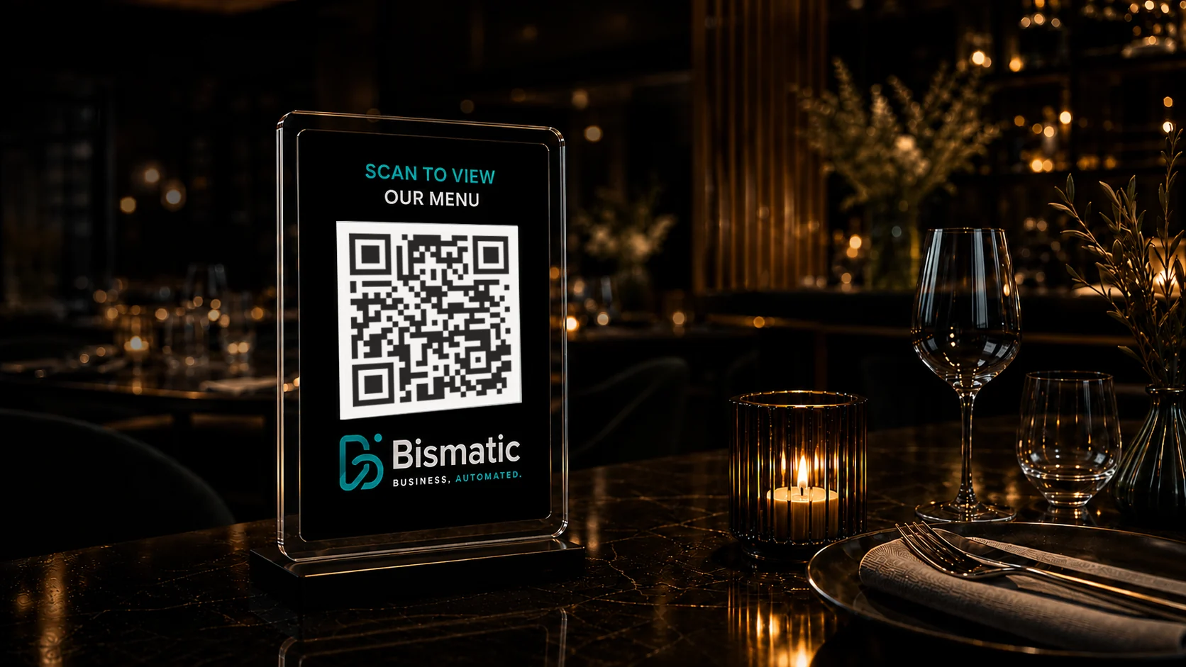 Luxury restaurant table with Bismatic QR menu stand